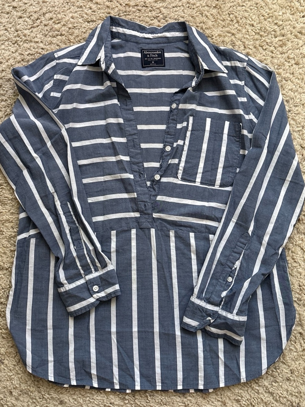 Abercrombie & Fitch Blue and White Striped Button Pullover Shirt